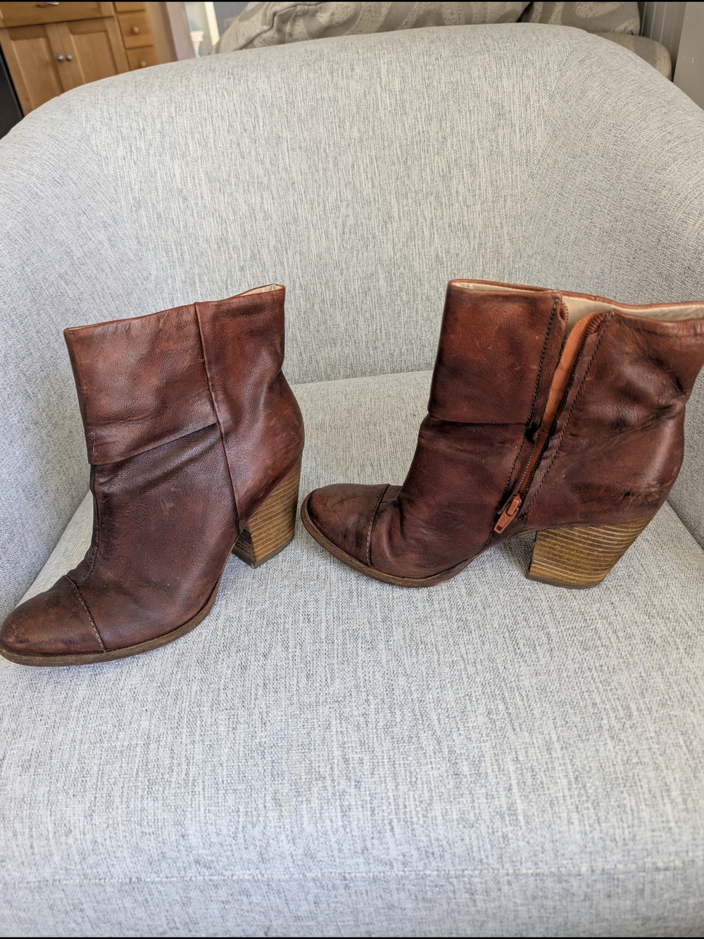 L.L. Bean Brown Leather Ankle Booties with Stacked Heel
